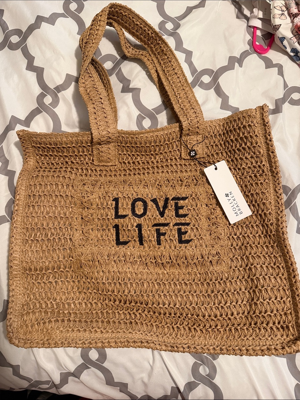Molly Bracken Woven Tote Bag - Tan with Black Embroidery